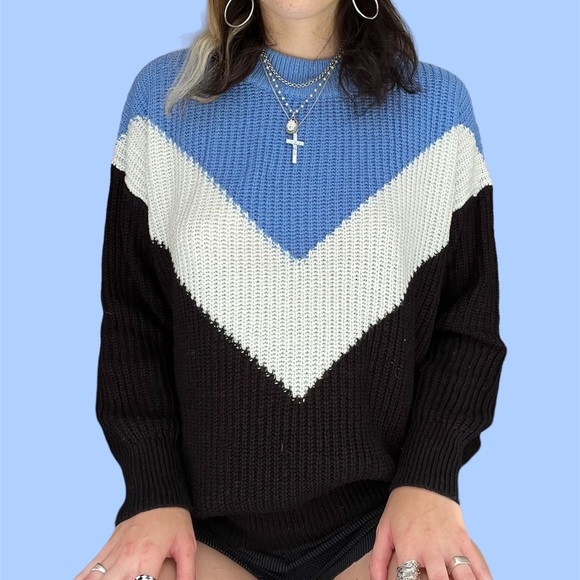 80s Inspired Black White Blue Chevron Ski Chunky Knit Sweater - Picture 2 of 5